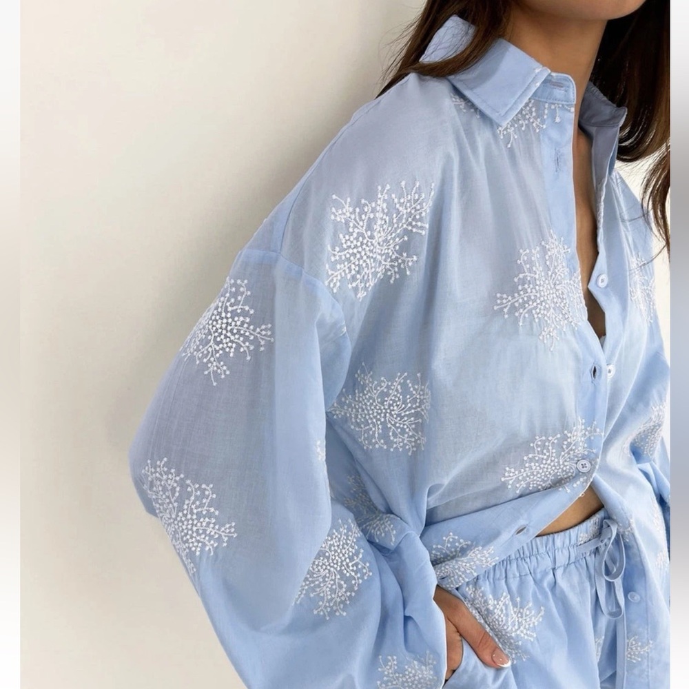 Commense M Semi-Sheer Plant Embroidery Casual Shorts Set Blue cc4 - Picture 6 of 8